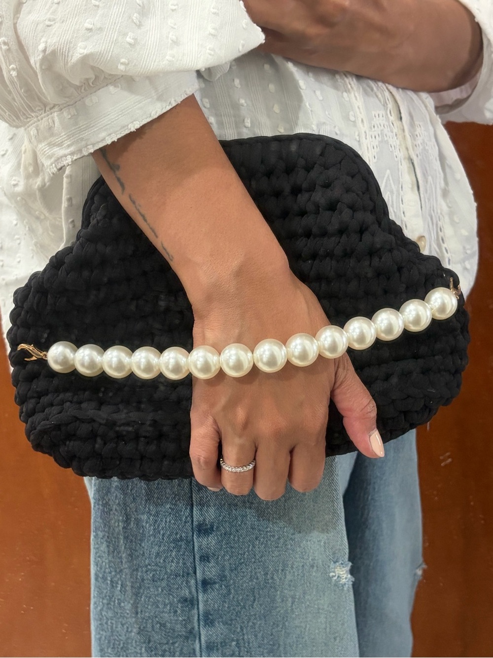 Handmade Black Crochet Clutch with Faux Pearl Handle